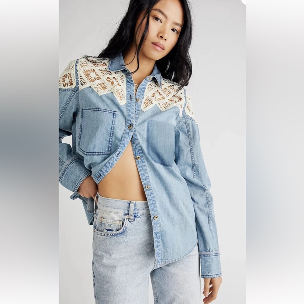 Free People Light Blue Denim Top